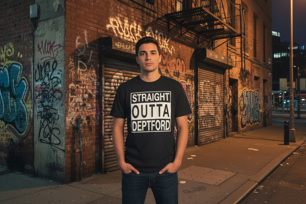 Black t-shirt with 'Straight Outta Deptford' text on a mannequin.