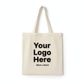 Plain cream custom tote bag with bold Your Logo Here text and 38cm x 40cm size