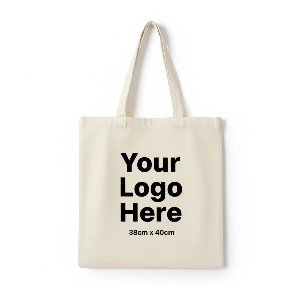 Plain cream custom tote bag with bold Your Logo Here text and 38cm x 40cm size