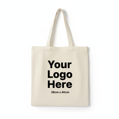 Plain cream custom tote bag with bold Your Logo Here text and 38cm x 40cm size